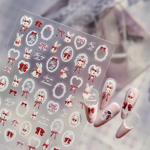 Image of Cute Rabbit Nail Stickers Heart Nail Art Stickers Lace Frame Heart Design 5D Embossed Self Adhesive Nails Decals with Love Lettering for Women Manicure Decoration (1 Sheet)