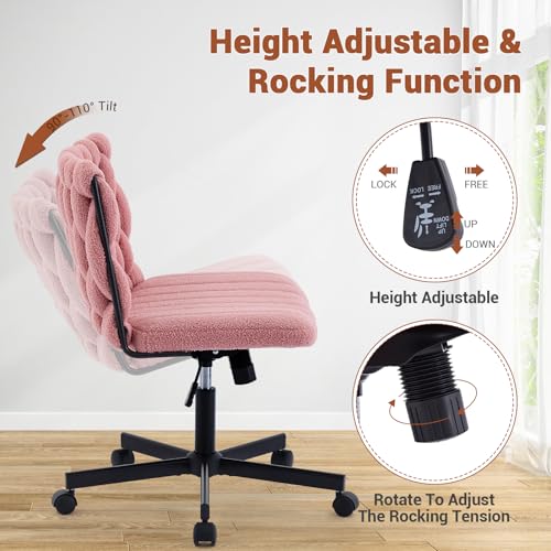 GarveeHome Criss Cross Chair with Wheels, Wide Seat Home Office Desk Chair, Armless Makeup Vanity Chair, Modern Cross Legged Swivel Comfy Chair, Computer Task Chair for Home Office, Pink
