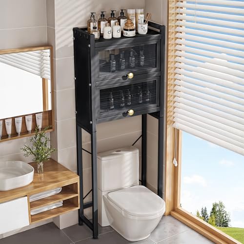 Warmiehomy Over Toilet Storage Unit 50cm x 25cm x 167cm Black Bathroom Storage Organiser Shelves Free Standing for Toilet, Washing Machine, Refrigerator, Bathroom Floor Cabinet
