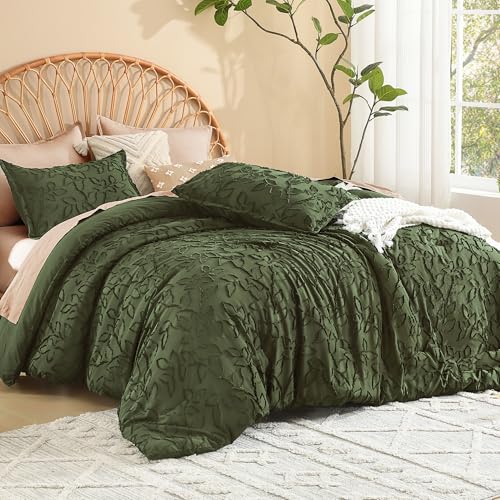 Image of Litanika Queen Size Comforter Set Olive, 3 Piece Cream Boho Tufted Bedding, Fluffy Farmhouse Bed Set for All Season with 2 Leaf Pattern Pillowcases(90x90In)