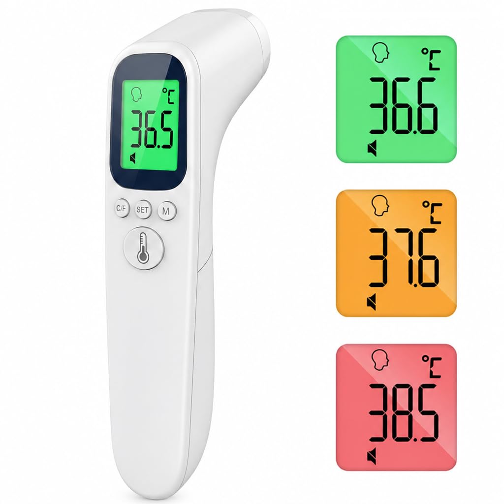 Thermomètre Frontal Sans Contact, Thermomètre Infrarouge Médical Numérique pour Bébé, Enfant et Adulte, Écran LCD Rétroéclairé 3 Couleurs, Lecture Instantanée et Précise, Alarme de Fièvre