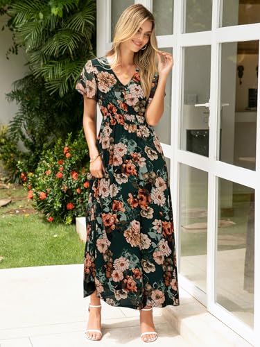 Image of Simplee Womens Floral Maxi Dress - Short Sleeve Summer Boho Wedding Guest Dress Empire Waist Chiffon Modest Midi Dresses