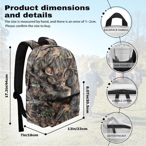 Suobstales Deer Hunting Camo Print Kids Backpack Set of 5, 17 in School Bookbag with Insulated Lunch Box Pencil Case Water Bottle Sleeve Keychain Lightweight Student Bookbag for and Boys3