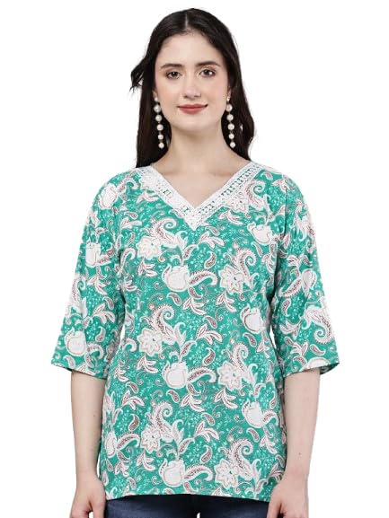 Image of Women's Red Printed Short Kurti with Lace Trim, 3 /4 Sleeves, Round Neck, Ethnic Style