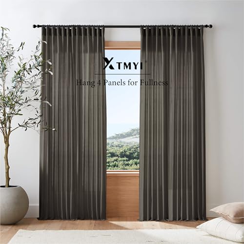 Image of XTMYI Brown Linen Curtains Drapes for Living Room Bedroom 108 Inch Curtains Long 2 Panels Semi Sheer Window Treatments for Dining Room
