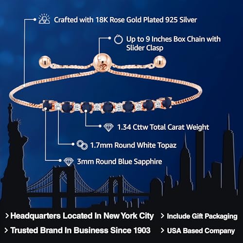 Gem Stone King 18K Rose Gold Plated Silver Round Blue Sapphire and White Topaz Tennis Bracelet For Women (1.34 Cttw, Gemstone Birthstone, Fully Adjustable Up to 9 Inch)2
