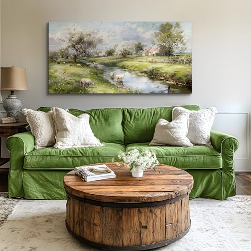 crmotu Landscape Wall Art, Nature Wall Decor, Oversized Wall Art, Riverside Scenic Canvas Art Prints, Modern Farm Aesthetic Paintings Wall Decor Living Room Bedroom Dining Room Farmhouse 30"X60"