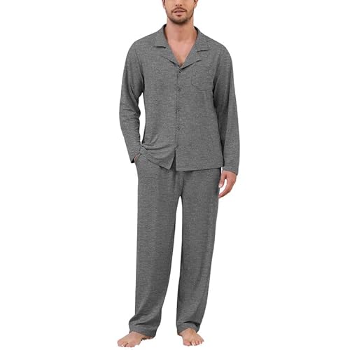 Marvmys Mens Pajama Set Soft Button Down Pajamas Long Sleeve Pjs Sleepwear Loungwear Comfy Sleep Sets with Pockets S-3XL Medium Dark Grey