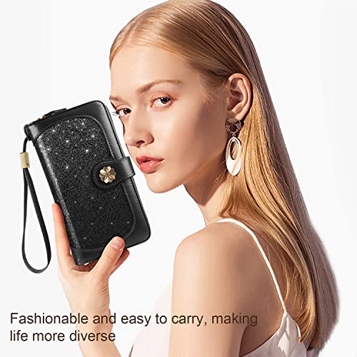 Coco Rossi Women Wallets Multi Card Case Wallet Clutch Wallet Card Holder Organizer Ladies Purse Wrist Strap Purse, Black Glitter #TOP6