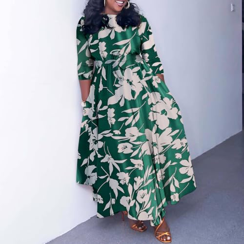 Image of BFFBABY Women's Wrap V Neck Plus Size Maxi Dresses 3 /4 Sleeves Chain Floral Printed Swing Dress with Belt