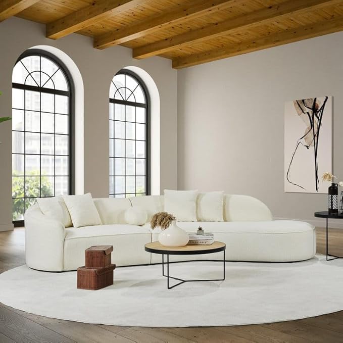 Image of 110.24 inch Modern Futuristic J- Style Curved Velvet Sofa, Sectional Sofa Round Arm with Soft Pillow for Living Room, Bedroom, Hallways Colour (Off-White T1J)