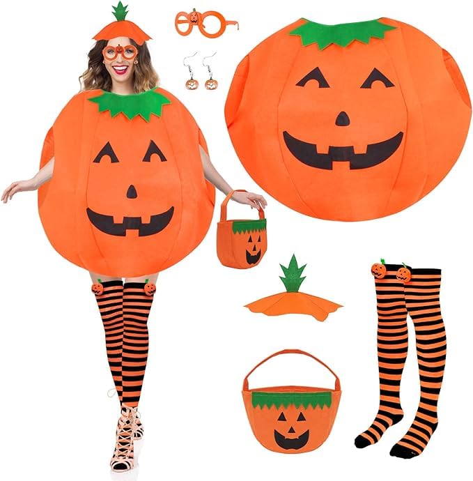 NEW-YIJUNSHUN Halloween Pumpkin Costume Adults Women Halloween Pumpkin Adults Fancy Dress with Pumpkin Socks Earings Glasses Bag for Women Adult Pumpkin Costume Outfit