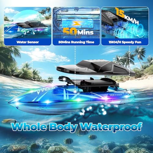 Remote Control Boat for Kids, 2Pack RC Boats with LED Lights for Pools Lakes River & Bathtub, 2.4Ghz Control, Whole Body Waterproof, 2 Rechargeable Batteries Summer Water Toys - Image 6