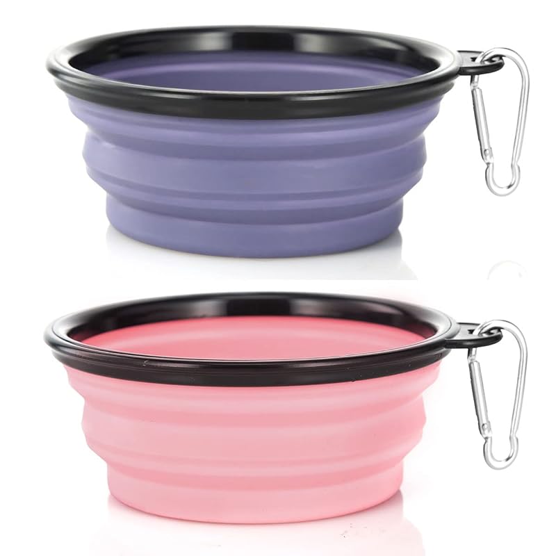 Tigelas dobráveis para viagem para cães e gatos SLSON de plástico com mosquetões, tamanho Small, Purple+Fairy Pink, pacote com 2