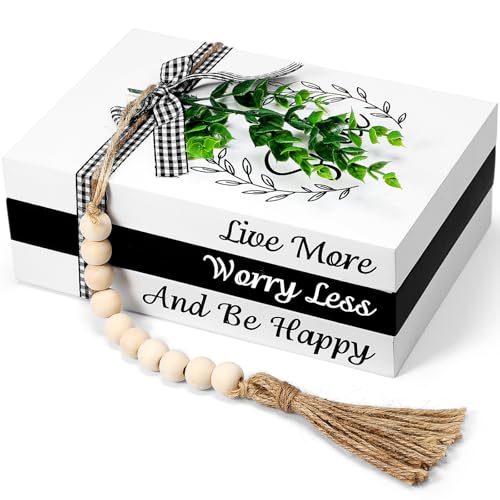 Capoda 3 Pcs Decorative Books for Home Decor Farmhouse Faux Stacked Books Wooden Rustic Table Decor with Bead Garland Twine Ribbon Faux Leaf for Table (Smile)