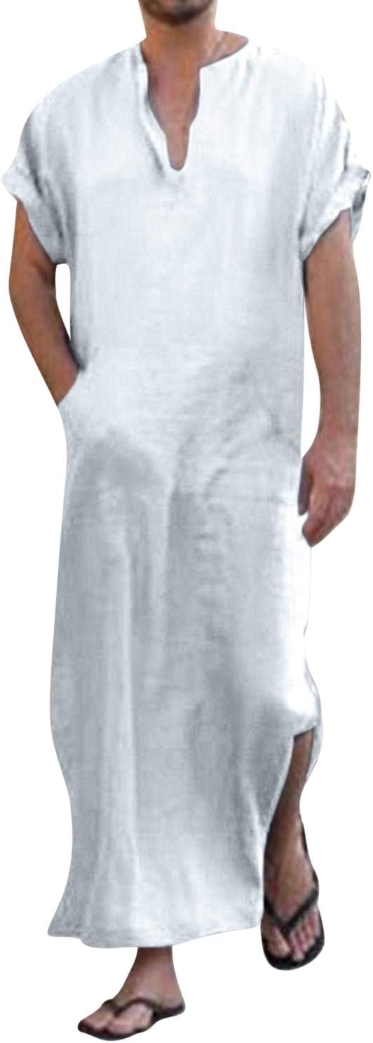 JacansiMen's V-neck Short Sleeve Robe Side Split Kaftan Cotton Long Gown Thobe S-3XL