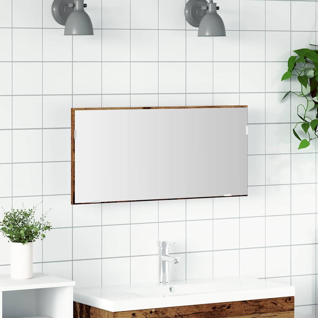 Lustro z ramą ze starego drewna 80 x 37 cm, szkło i drewno inżynieryjne, oświetlenie LED, montaż na ścianie, nowoczesne meble łazienkowe, miejsce do przechowywania i uzupełnienie umywalki