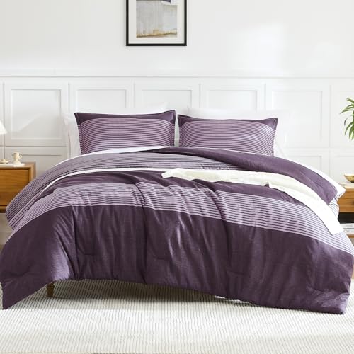 Edredón morado Queen reversible y ligero con juego de cama de rayas esponjoso 3