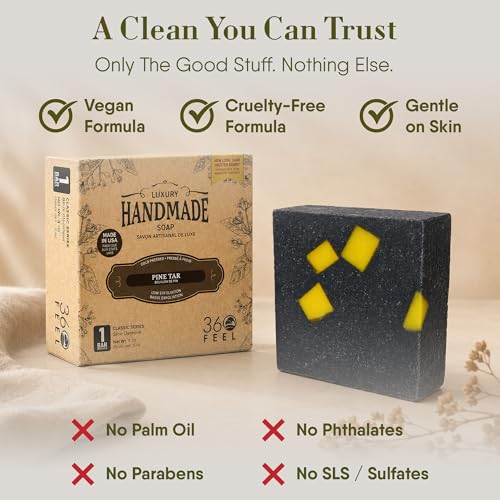 Image of 360Feel Handmade Castile Soap - Pine Tar, 5 oz, 4-Pack | Made in the USA, Cold-Processed, Moisturizing with a Artisanal Scent for Relaxation - Calm, Rich, Creamy Lather