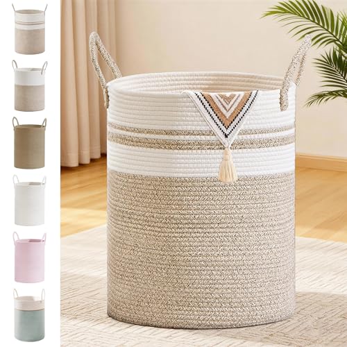 Image of 88L Large Tall Cotton Rope Laundry Basket with Handles, White & Brown