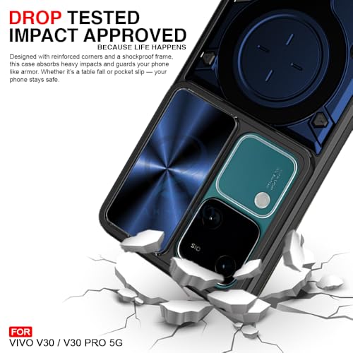 Image of AESTMO Armor Vivo V30 / V30 Pro 5G Bumper Back Case Cover | Ring Holder & CD Pattern Sliding Camera Shutter Cover | 360 Degree Protection Back Case Cover for Vivo V30 / V30 Pro 5G (Blue)