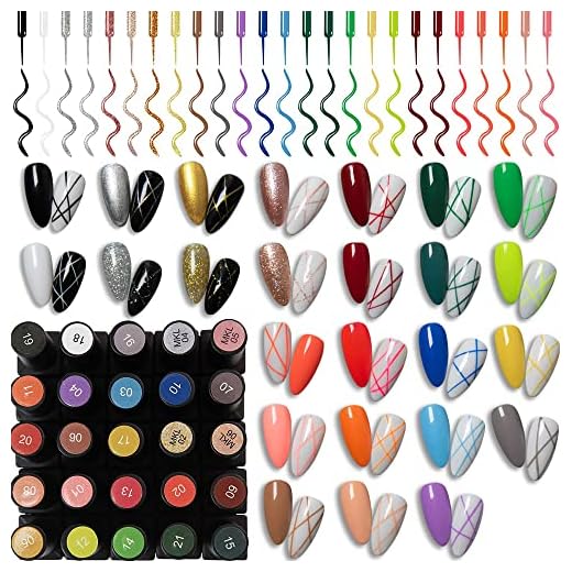 25pcs Liner Pen Gel Nail Polish Kit, Painting Drawing UV Led Gel Polish Set, DIY 3D Gel Nail Paint Nail Gel Polish Pull Line Pen Tool for Nail Manicure Rosa Gold Silver Black Red Green White Nude