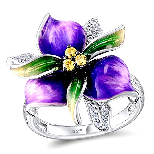Uloveido Fashion Violet Flower Rings for Women Anniversary Birthday Purple Crystal Flower Statement Rings for Female RA601