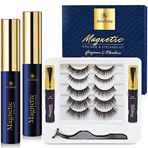 5 Pairs Reusable Magnetic Eyelashes and 2 Tubes of Magnetic Eyeliner Kit, Upgraded