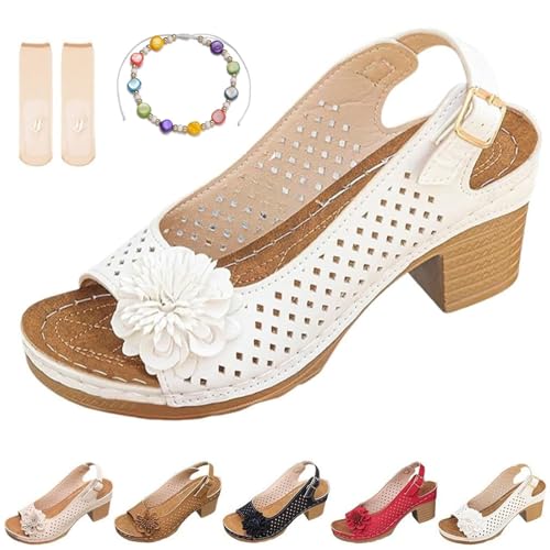 Buckled Square Heel Sandals for Women Dressy Low Slingback Peep Toe Chunky Heeled Dress Sandals Wedge Shoes Elderly Women(White,11)