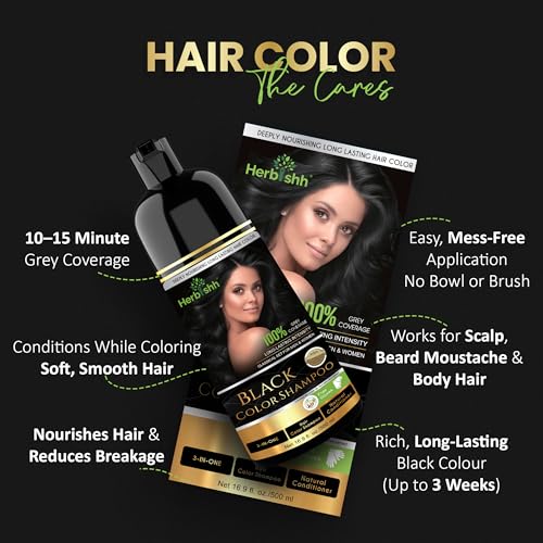 Herbishh Hair Color Shampoo Black (500ml) with 1 Pair of Gloves | Hair & Beard Dye for Men & Women | 3-in-1 Permanent Dye with 100% Grey Coverage Upto 3 Weeks | Long Lasting Salon Like Hair