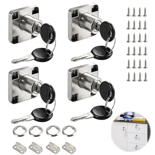 Juego de 4 Cerraduras para Muebles 22 mm con Llave, Cerradura Tipo Cam Lock para Cajones Armarios Taquillas y Buzón, Cerradura Metálica para Gabinetes Oficina Cocina Vitrina con Accesorios de Montaje