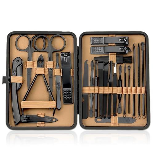 Flintronic 24PCS Manicura Pedicura Set, Juego De Manicura, Kit de Acero Inoxidable con Herramientas Remover Cutícula, Profesionales con Estuche, Kit de pedicura Herramientas (Negro)