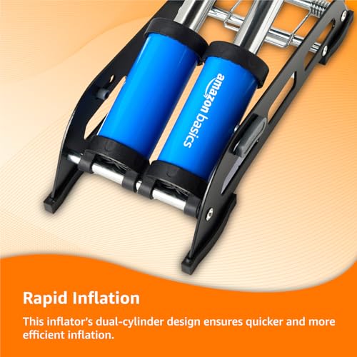 Image of Amazon Basics Foot Operated Tyre Inflator|160 PSI Double Cylinder Portable Foot Air Pump|Rapid Inflation|Hands-Free|Pumping for Car, Bike, Cycle, Balls, Mattresses & More, Black and Blue