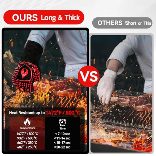 Image of BBQ & Grill Gloves, Oven Gloves, 1472F Silicone Oven Mitts Heat Resistant Grilling Gloves Fireproof Non-Slip for Barbecue Cooking Baking Smoking, 1-Pair Red（M）