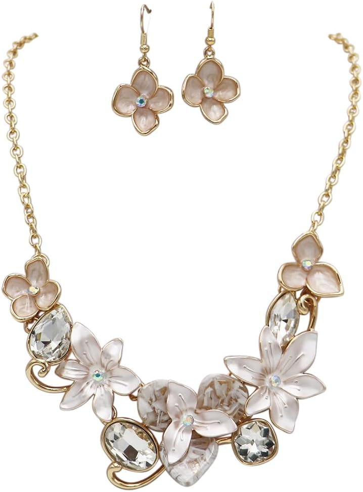 Rosemarie & Jubalee Women's Stunning Polished Gold Tone Enamel Lucite And Crystal 3D Flower Necklace And Dangle Earrings Jewelry Gift Set, 13"+3" Extension