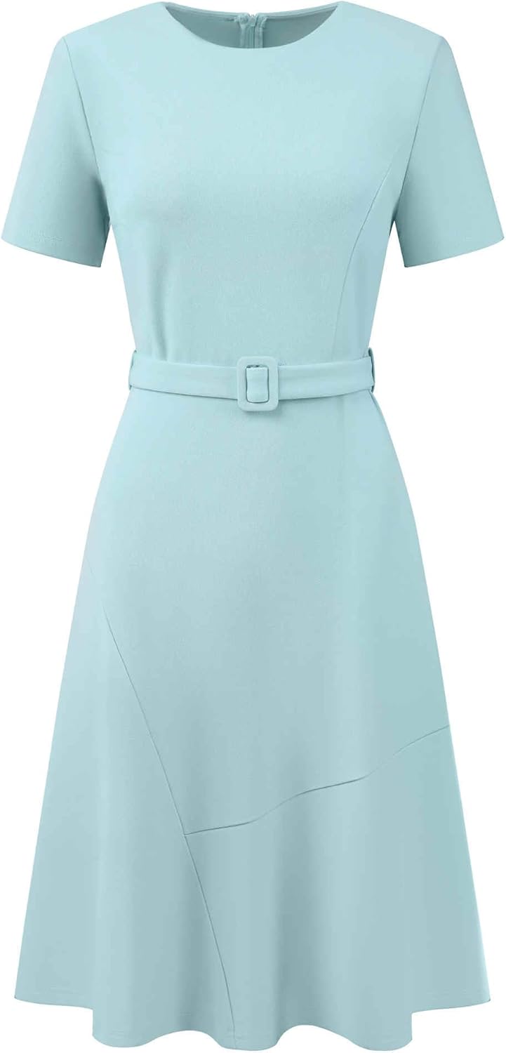 Women's A Line Work Dress Short Sleeve Crew Neck Ruffle Flare Dresses with Belted