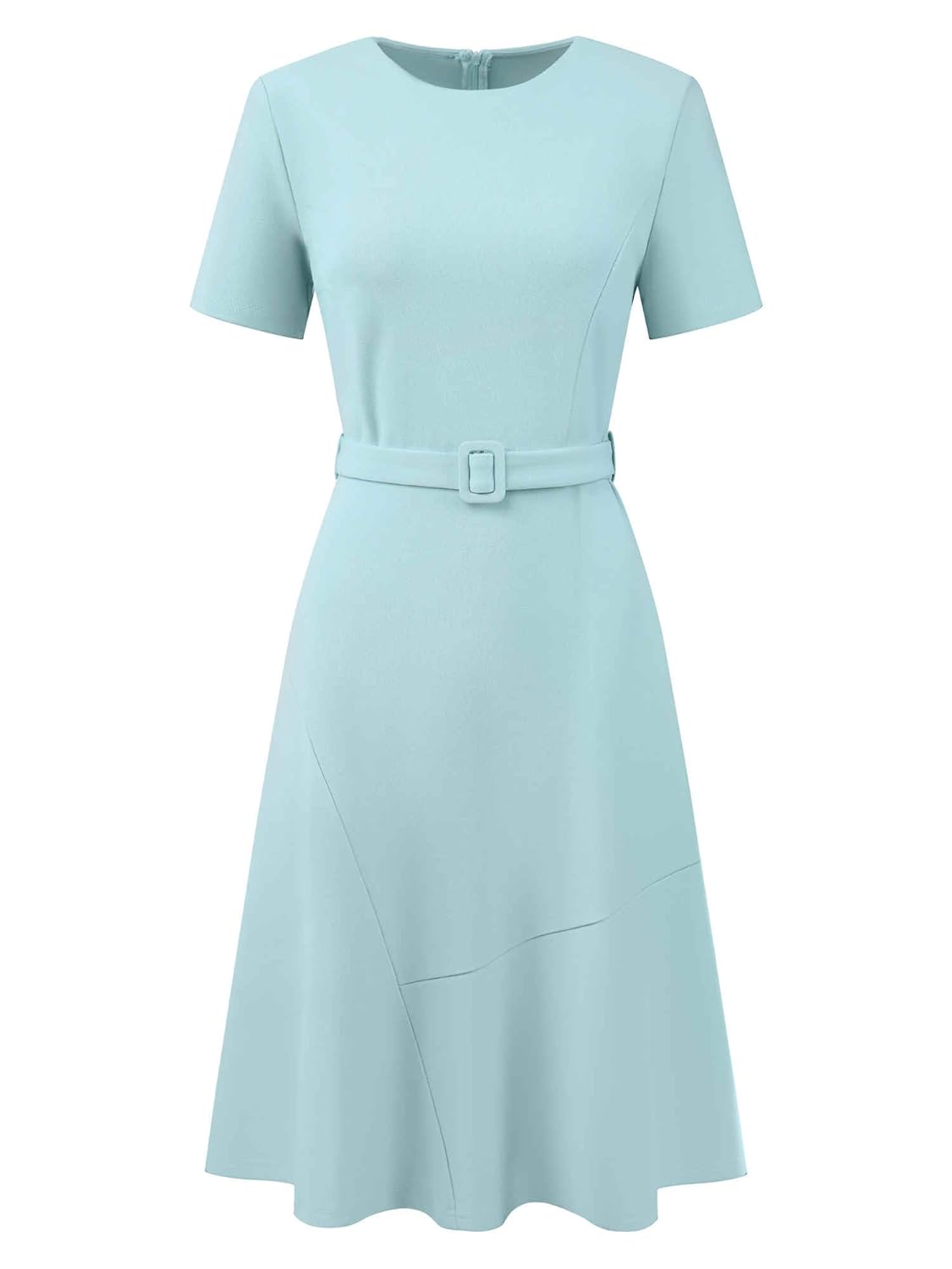 Womens A Line Work Dress Short Sleeve Crew Neck Ruffle Flare Dresses with Belted