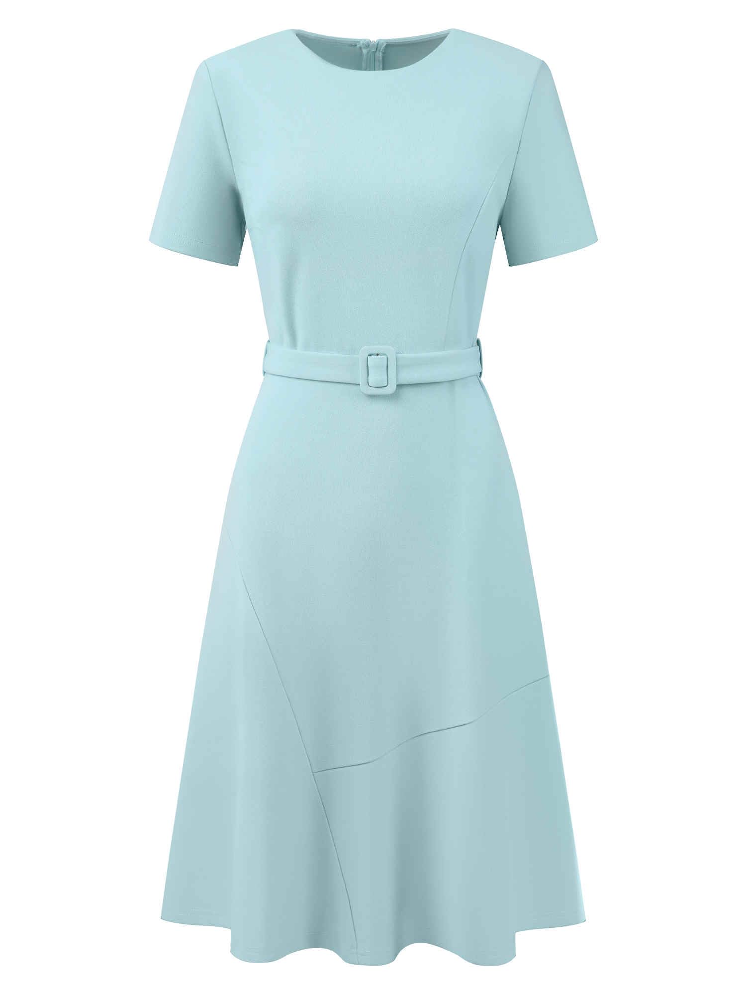 Womens A Line Work Dress Short Sleeve Crew Neck Ruffle Flare Dresses with Belted