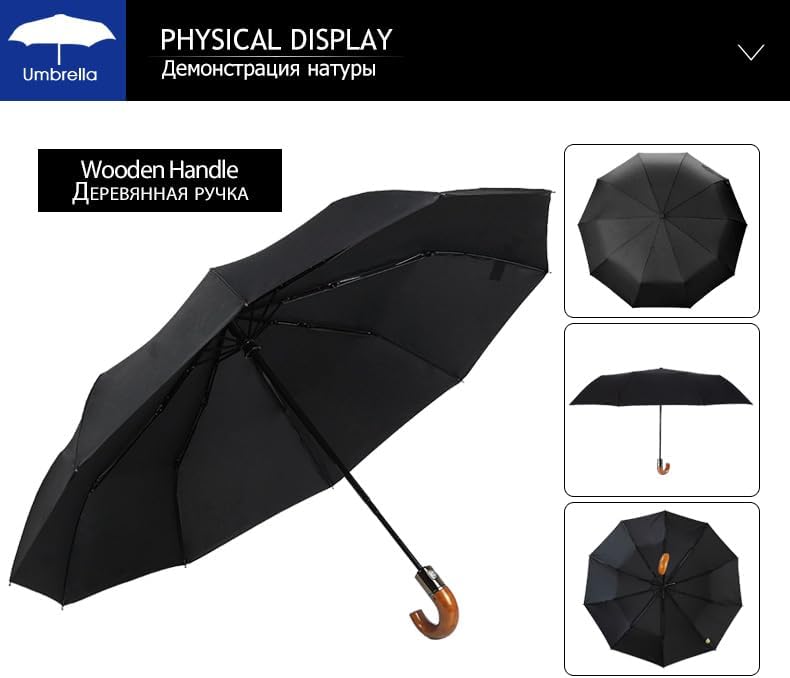 Curved Handle Umbrella Windproof, Automatic Open Umbrella for Men Imitation Wooden Handle Travel Folding Umbrella Portable Black Rain Umbrella Auto Mens Sunny Umbrella - Image 6