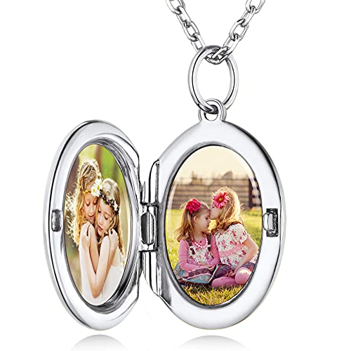 Custom4U Engraved Locket Necklace That Holds 2 Pictures Oval Silver Medallion Pendant Jewelry Memorial Gifts For Mother #TOP22