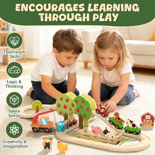 Image of Lehoo Castle Farm Wooden Train Set, Wooden Train Tracks Set for Kids
