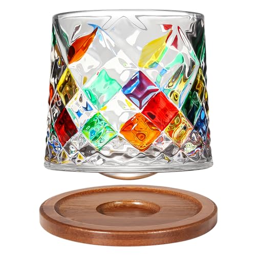 Uten Vaso de Whisky de Cristal, 275 ml/10 oz Vaso de Agua Giratorio, Posavasos de Bambú, Tacto Grueso, Adecuado para Beber Ron, Brandy, Cócteles, Café, Jugo, Relajarse y Descomprimir, 1 Pieza