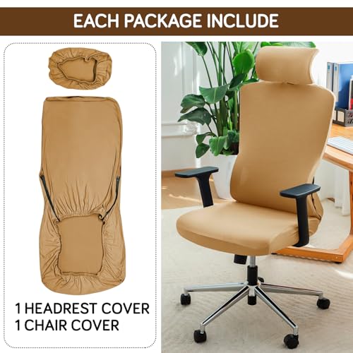 Image of HOKIPO 'SereneSolids' 140 GSM Office Chair Cover with Headrest (High-Back) - 140 GSM Stretch Fabric - Washable, Anti-Slip Fit for Ergonomic Mesh Office Chairs, Camel (AR-5369-CML)