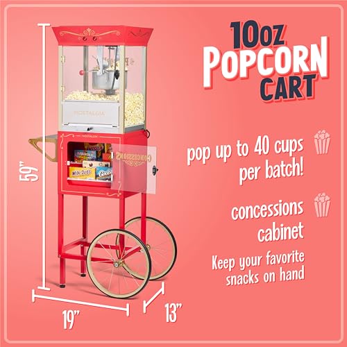 Nostalgia Popcorn Maker Professional Cart, 10 Oz Kettle Makes Up to 40 Cups, Vintage Movie Theater Popcorn Machine with Interior Light, Measuring Spoons and Scoop, Red