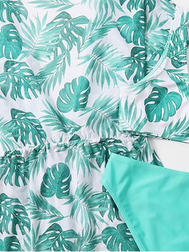 Image of Girl's 3 Piece Bikini Set Tropical Print Bathing Suit Swimwear with Overall Kimono Cover Ups Cyan 160