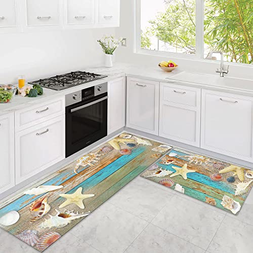 Nautical Kitchen Rugs Set, Beach Starfish Kitchen Mats Cushioned Anti Fatigue 2 Piece Set, Memory Foam Kitchen Mat Set Of 2 And Kitchen Rug Runner Non Slip For Home Kitchen Decor 17"X30"+17"X47" #TOP13