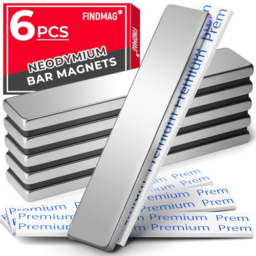 Image of FINDMAG Strong Neodymium Magnets with Adhesive Backing, 6 Pack, 60x10x3mm | Bar magnet strips heavy duty in a flat bar profile; for cabinet doors, shower door repairs, signs, tools and DIY