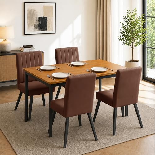 Image of Rosebell Set of 4 Dining Table Chairs with Wooden Top Table, Upholstered Cushioned Chairs, Modern Compact Dining Set for Home, Kitchen & Dining Room (Brown)