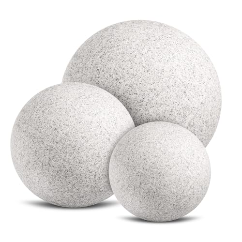 trendlights24 Stone IP65 Kugelleuchte für Garten - 3er Set 30+40+50 cm Kugel Außenleuchte Naturstein Optik E27 230V - mit LED 9W - Erdspieße - außen