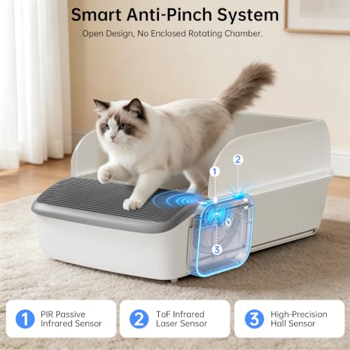 Image of Self Cleaning Cat Litter Box, Open Top Automatic Litter Box, App Control | Anti-Pinch Safety Sensors, 6.5L Waste Drawer with Odor Control, 20 Waste Bags, Large Capacity for Big Cats & Multi-Cat Homes